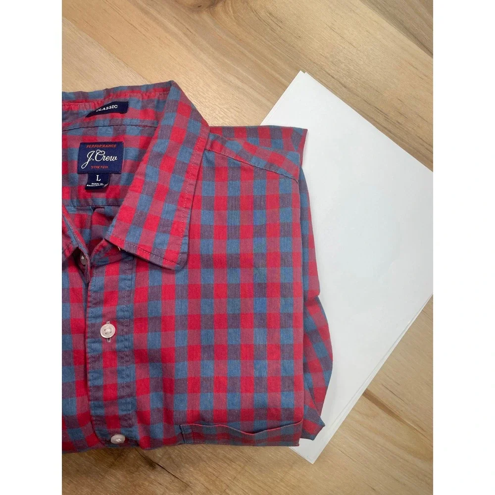 J.Crew Performance Stretch Gingham Shirt Mens‎ Large Classic Fit Red Blue Check